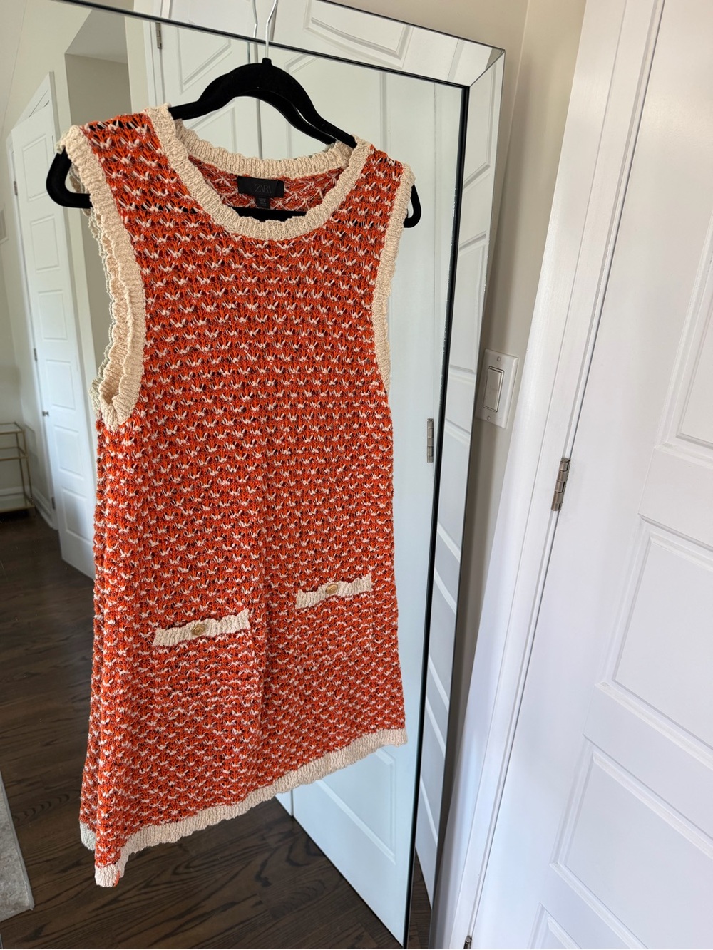 Zara Orange and Cream Textured Sleeveless Shift Dress